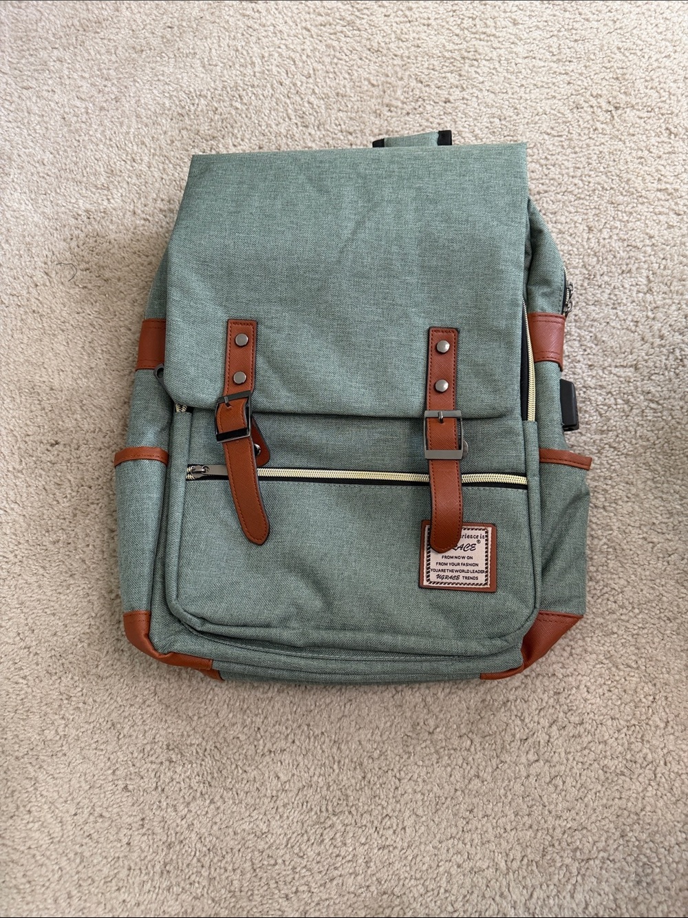 Sage Green Canvas Backpack with Brown Trim